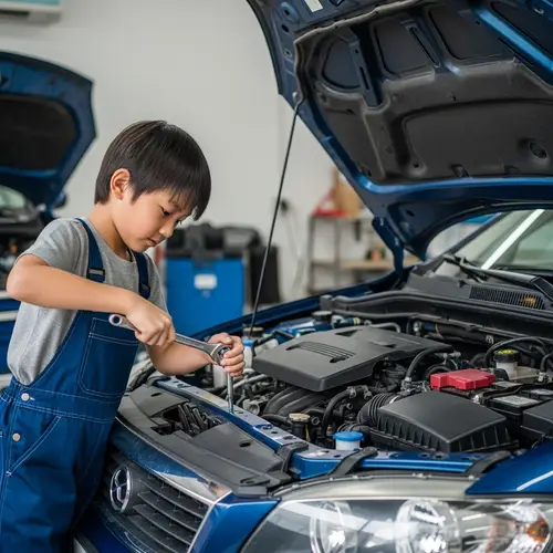 Young Asian Boy Repairing Car - Expertly Using Tools
