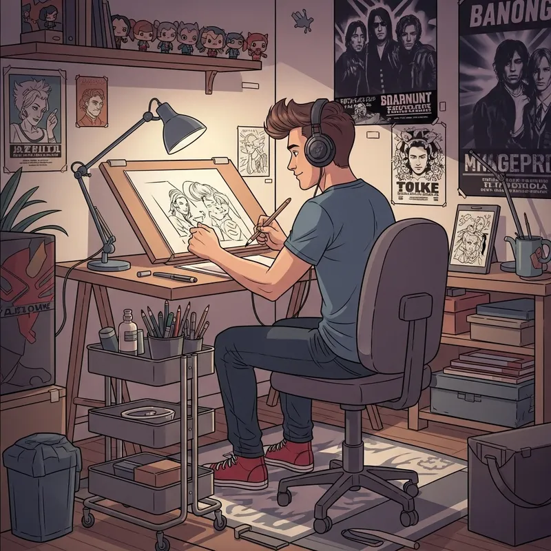 Comic Artist Drawing in Music-filled Room | Cartoon Characters Decor