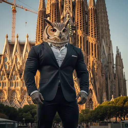 Athletic Owl in Suit at Sagrada Familia: Striking Photo