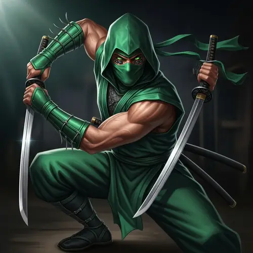 Emerald Ninja Warrior with Katana Swords | Stealthy Spider-Inspired Character
