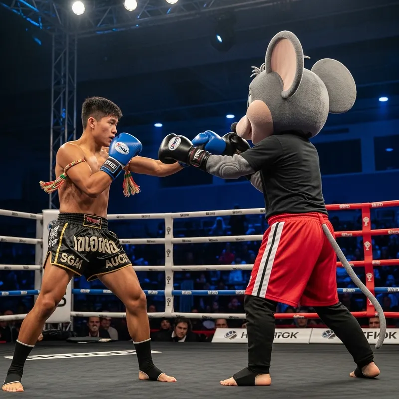Young Man's Muay Thai Fight with Mickey Mouse
