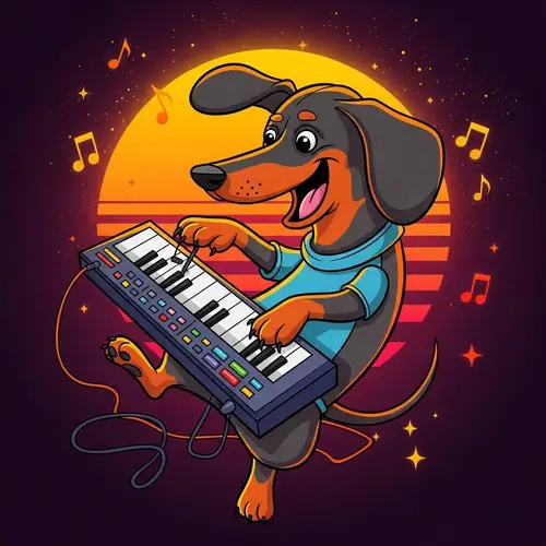 80s Retro Cartoon Dachshund Playing Keyboard | Vibrant Colors