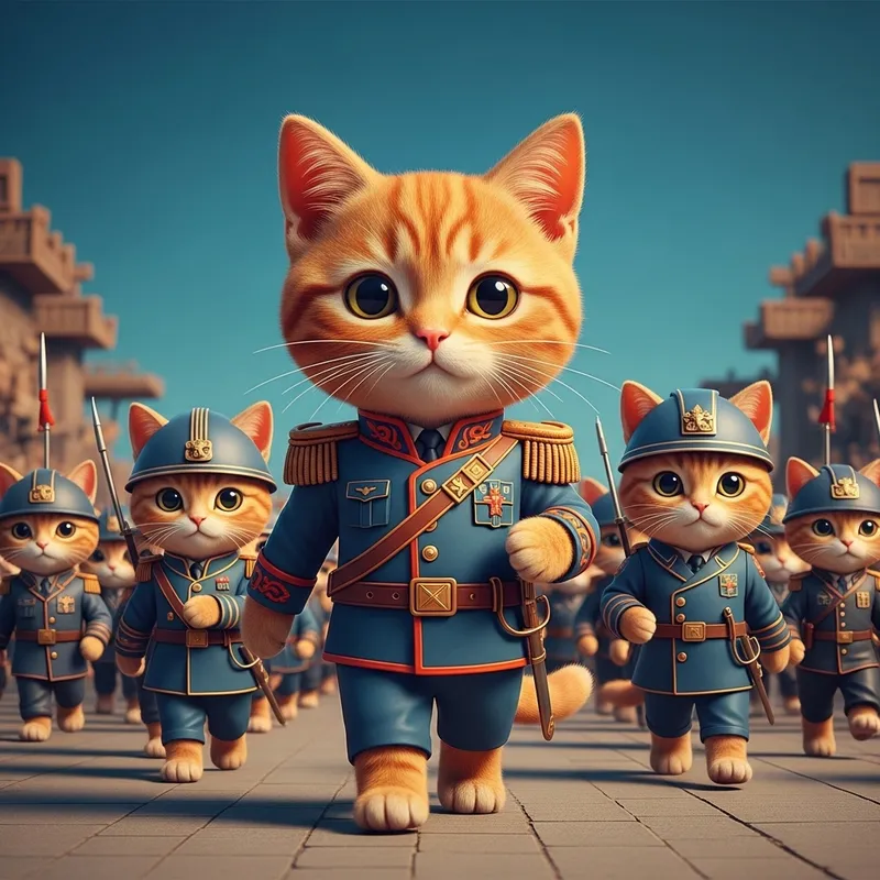 Colorful Ginger Shortbread Cat Leading Military Cat Soldiers