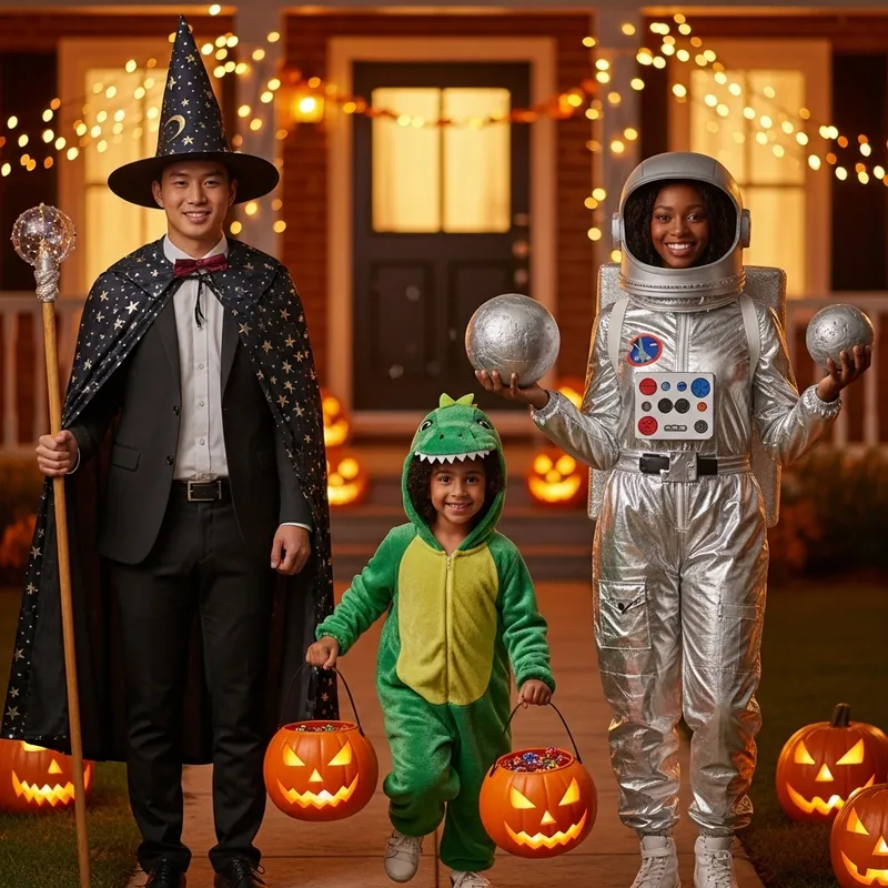 Vibrant Halloween Costume Scene with Wizard, Astronaut & Dinosaur