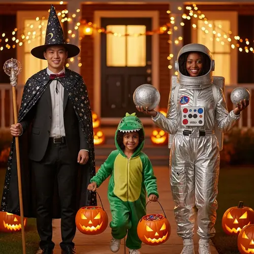 Vibrant Halloween Scene with Wizard, Astronaut & Dinosaur