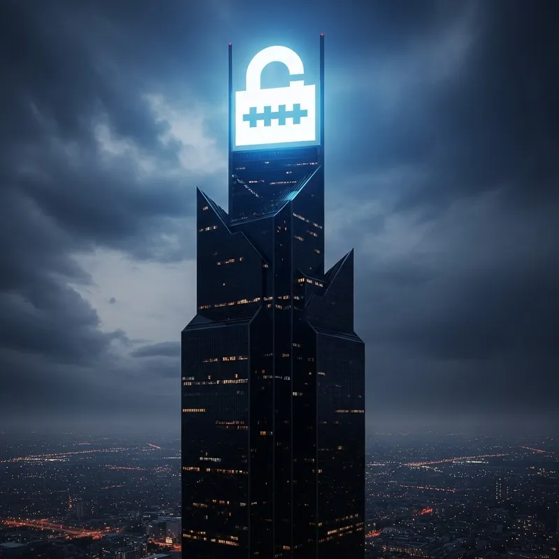 1Password Logo on Villain's Skyscraper Illuminated Against Ominous Sky