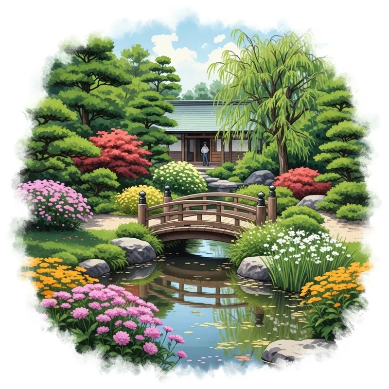 Serene Japanese Garden with Wooden Bridge Art