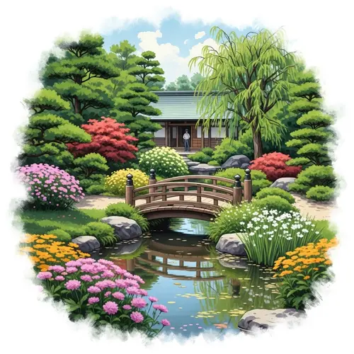 Serene Japanese Garden with Wooden Bridge Art