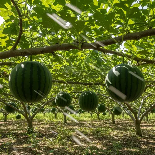 Unique Orchard: Lush Green Trees Bearing Ripe Watermelons