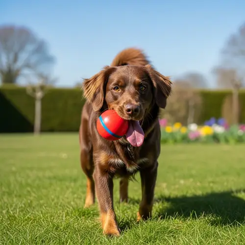 Cheerful Dog Playing with Red Ball in Sunny Garden