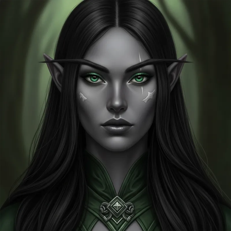 Female Dark Elf with Long Black Hair, Green Eyes, and Grey Skin