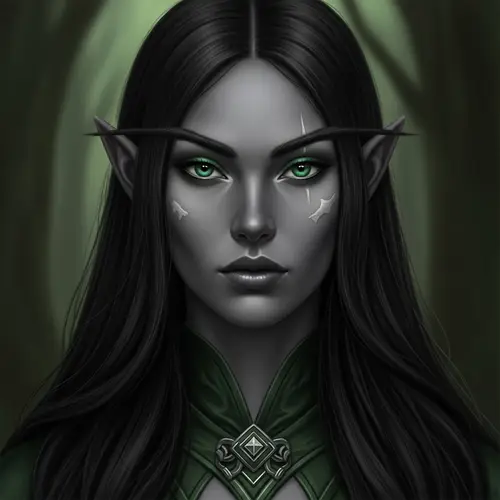 Dark Elf with Long Black Hair, Green Eyes, Grey Skin