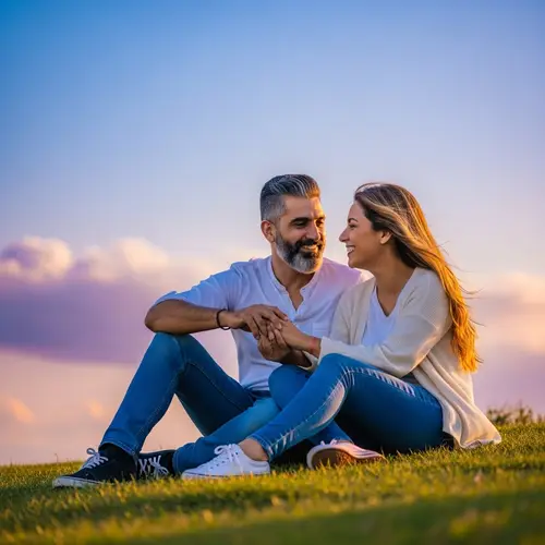 Romantic Couple Enjoying Peaceful Moment on Grassy Hill
