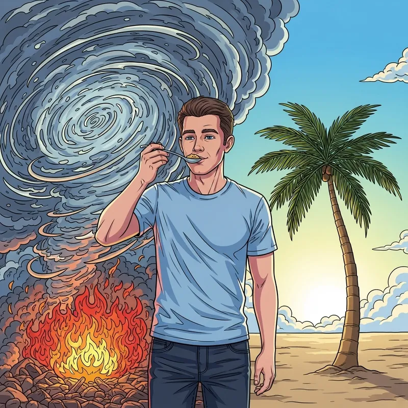 Man Tasting Food Amidst Chaos and Serenity Man Tasting Food Amidst Chaos and Serenity