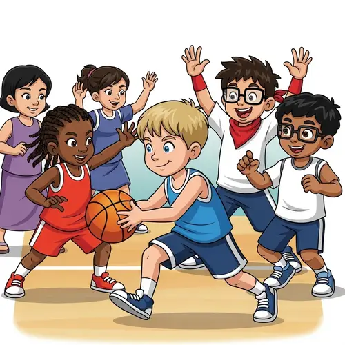 Youth Basketball Game: Diverse Kids Play with Energy