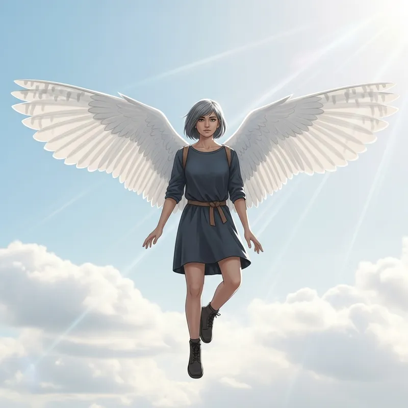 Ashen-Haired Girl with White Owl Wings Soars in the Sky Ashen-Haired Girl with White Owl Wings Soars in the Sky
