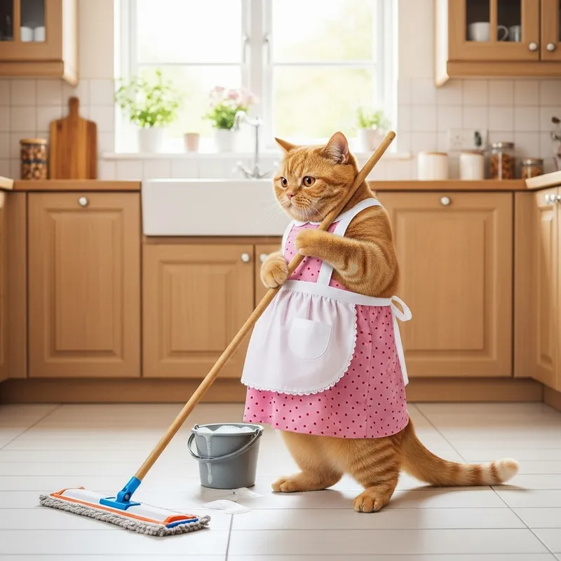 Adorable Pregnant Ginger British Shorthair Cat Cleaning Floor in Kitchen