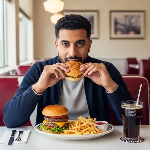 Casual Middle-Eastern Man Enjoying Cheeseburger in Diner