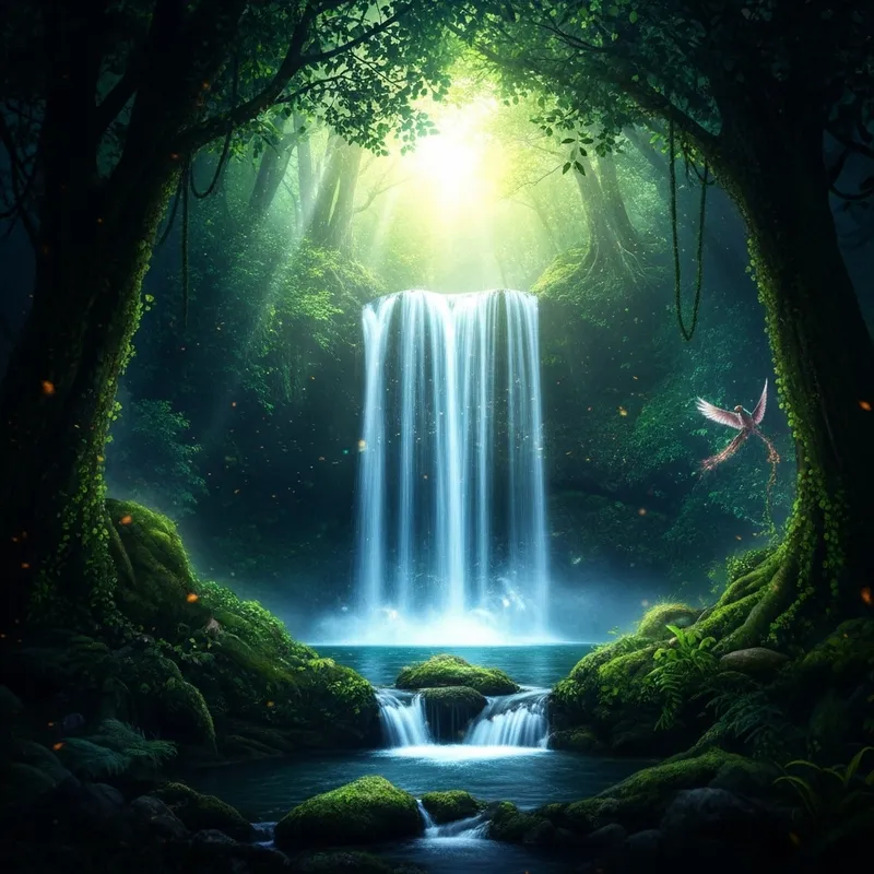 Enchanting Forest Scene with Ethereal Waterfall | Fantasy Vibes