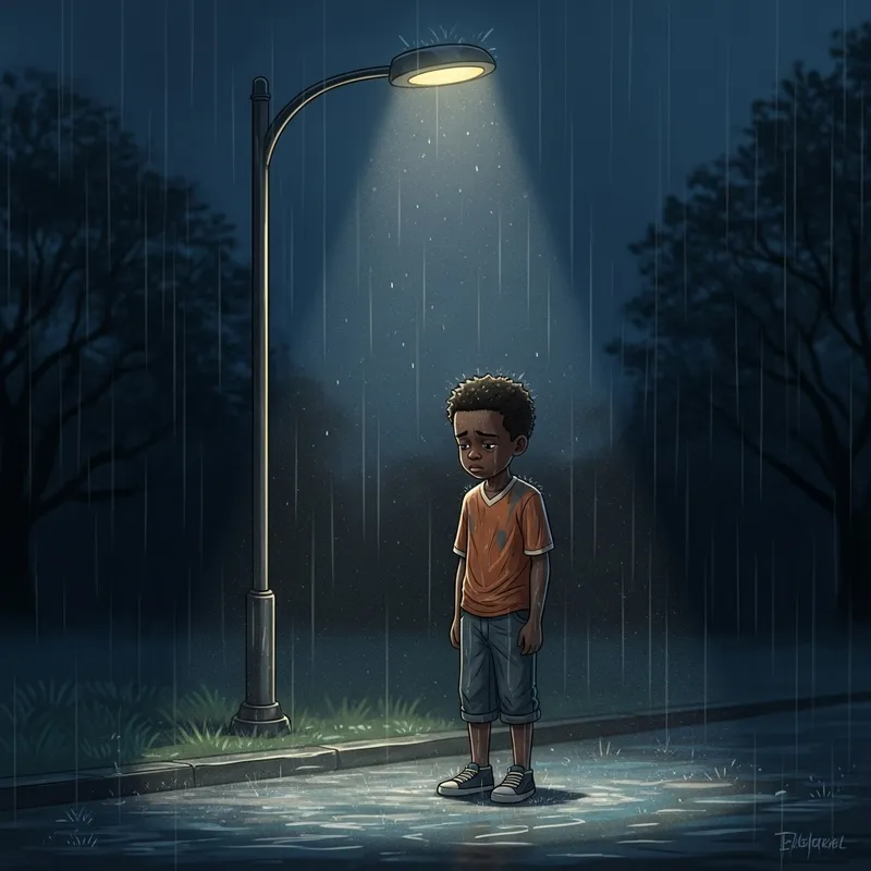 Sad African Boy in Rain Under Street Lamp