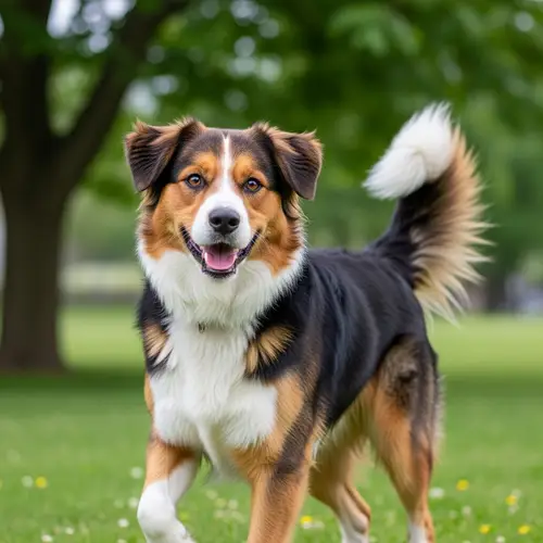 Energetic and Colorful Dog in a Lush Green Setting