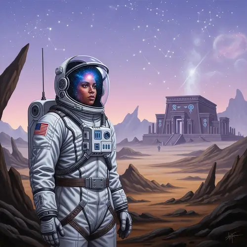 Diverse Space Traveler in Advanced White Spacesuit on Alien Landscape