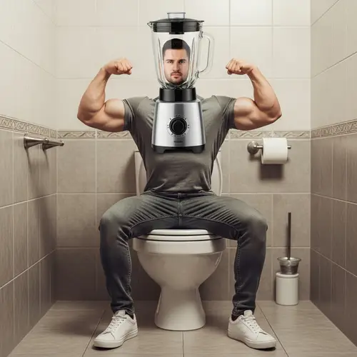 Muscular Blender on Toilet: Unique Household Appliance Character