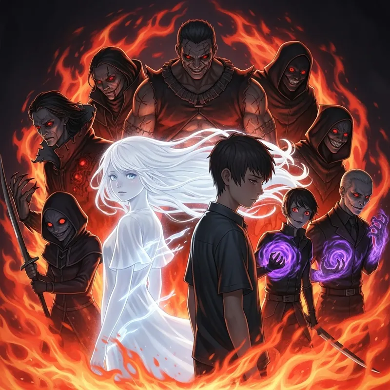 Boy and Phantom Girl Encircled by Sinister Figures