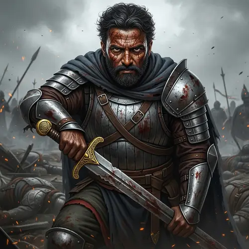 Scarred Warrior Emerges from Battle