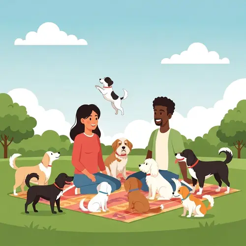 Colorful Picnic Blanket in Park with Various Dog Breeds