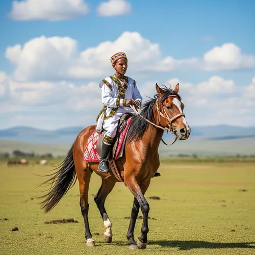 Ethiopian Boy in Traditional Clothing Riding Horse