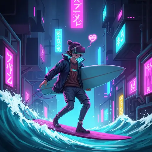 Fantastical Virtual Reality Character with Surfboard