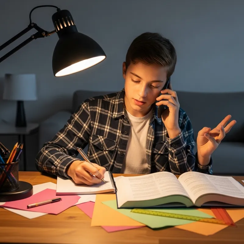 A Boy Multitasking With Homework and Phone Call