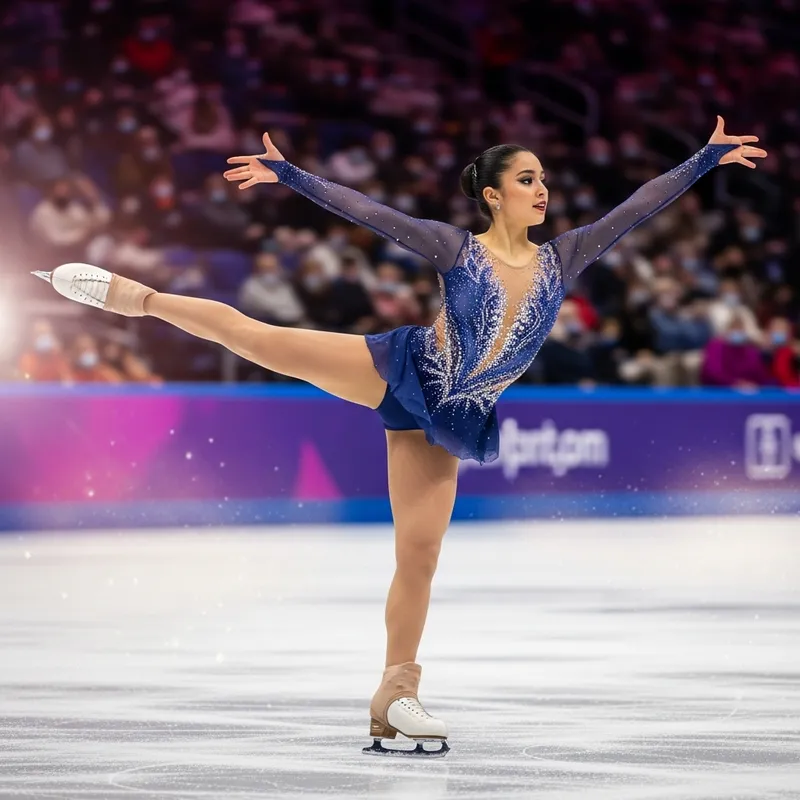Hispanic Female Figure Skater Gliding on Icy Rink Hispanic Female Figure Skater Gliding on Icy Rink