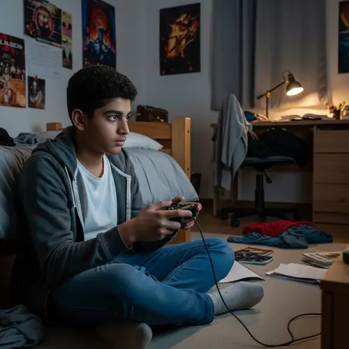 Teenage Boy Playing Video Games in Dimly Lit Bedroom