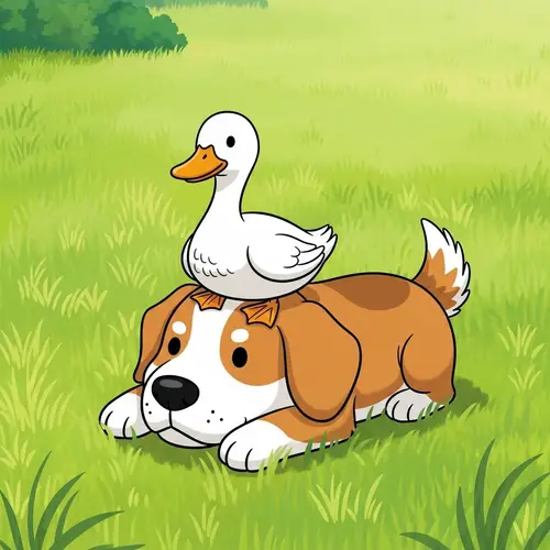 Duck & Dog in Grassland: Playful Cartoonish Scene