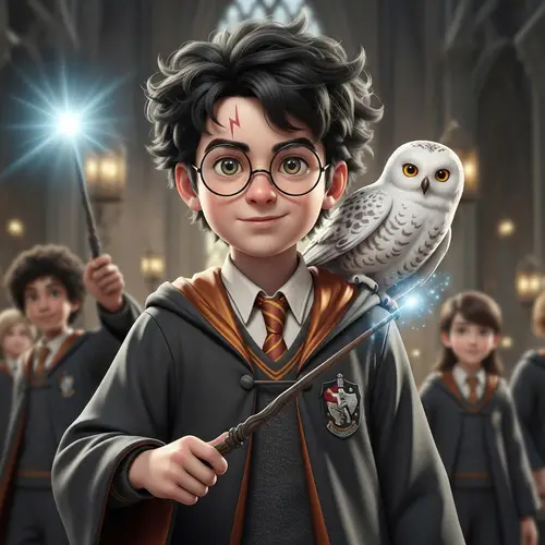 Young Wizard Boy with Lightning Scar and Owl in Magical Castle