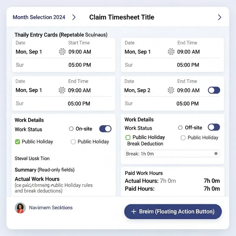Design Mobile Layout: Timesheet Claim Record with Month, Start Time, End Time, Work Status, Public Holiday, Breaks Deducted Design Mobile Layout: Timesheet Claim Record with Month, Start Time, End Time, Work Status, Public Holiday, Breaks Deducted