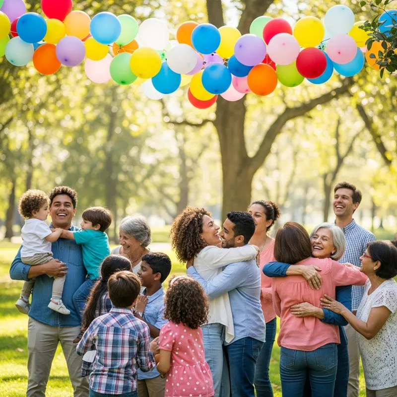 Joyful Reunion in Park with Multicolored Balloons Joyful Reunion in Park with Multicolored Balloons