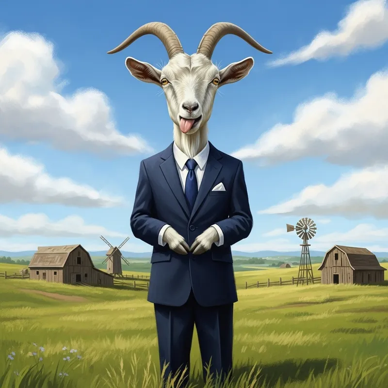 Funny Goat in Business Suit | Rustic Landscape Background