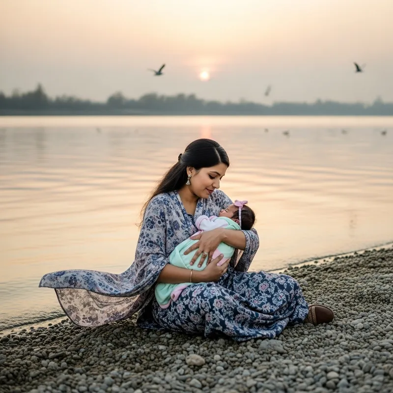 South Asian Mother and Newborn Baby Girl by Tranquil River