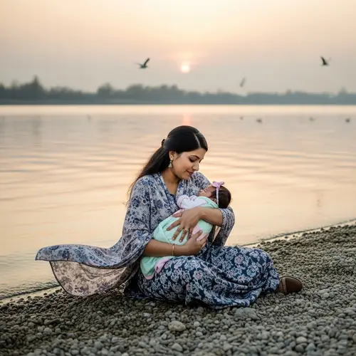 Tranquil River Scene: South Asian Woman with Newborn Baby Girl