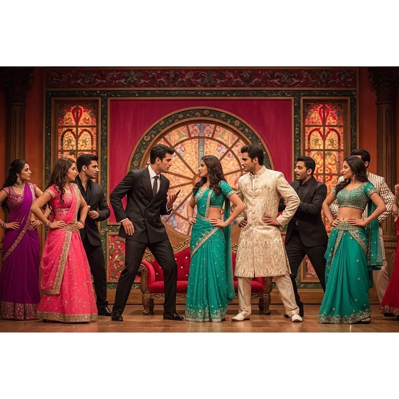 Comedic Twist: Bollywood Satire & Irony - Diverse Cast & Vibrant Stage