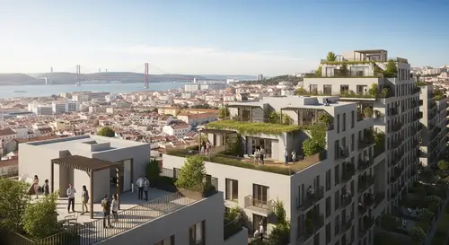 Urban Rooftop Living in Lisbon: Scenic Cityscape and Community Spaces