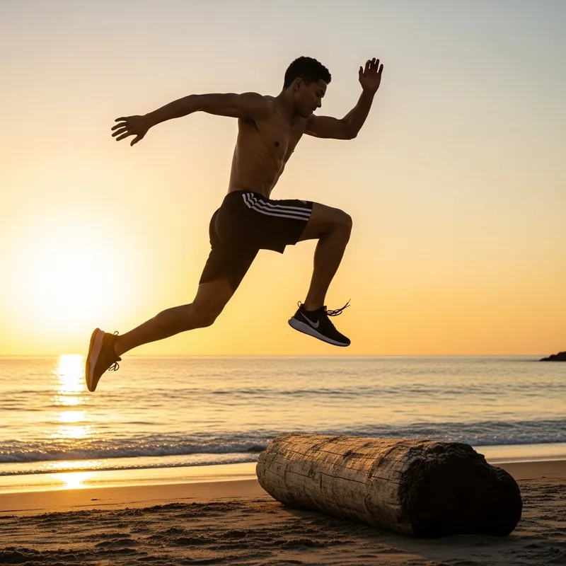 Agile Athlete Leaping on Beach at Sunset Agile Athlete Leaping on Beach at Sunset