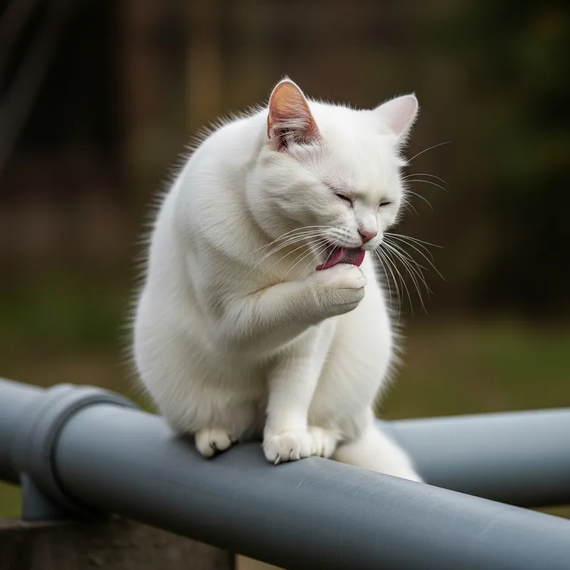 Beautiful White Fluffy Cat Grooming On Pipe