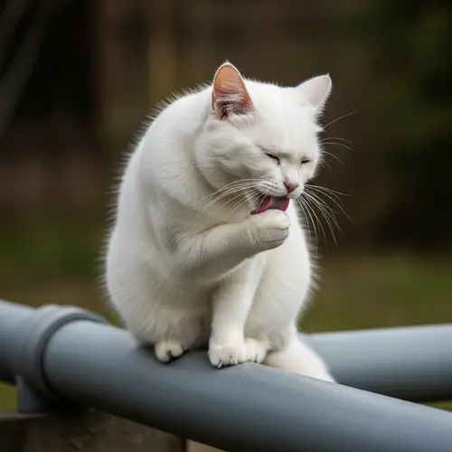 Beautiful White Fluffy Cat Grooming On Pipe