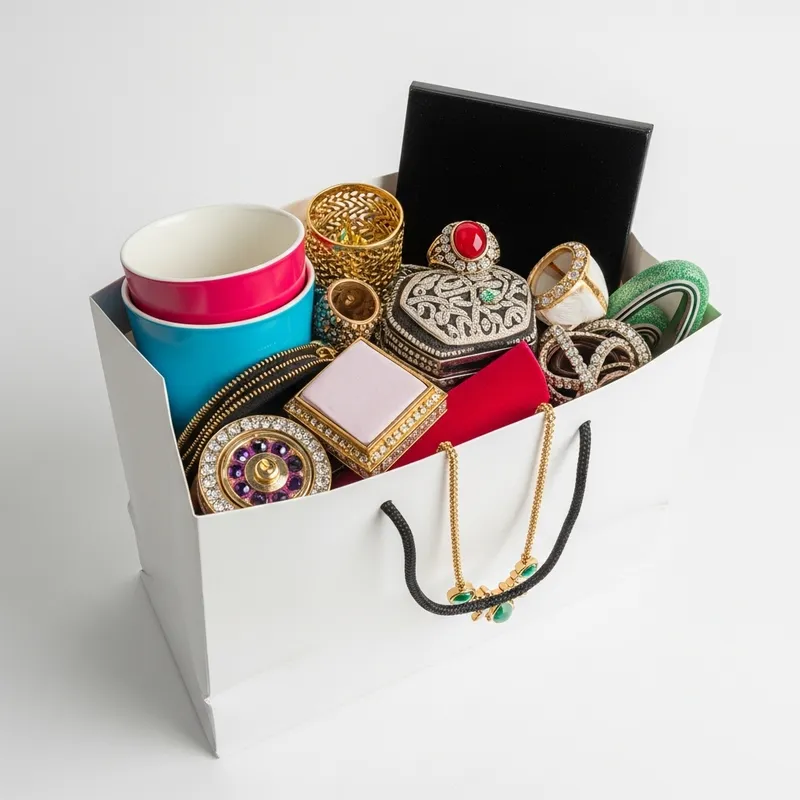 Diverse Shopping Bag Display with Cup, Ring & Necklace
