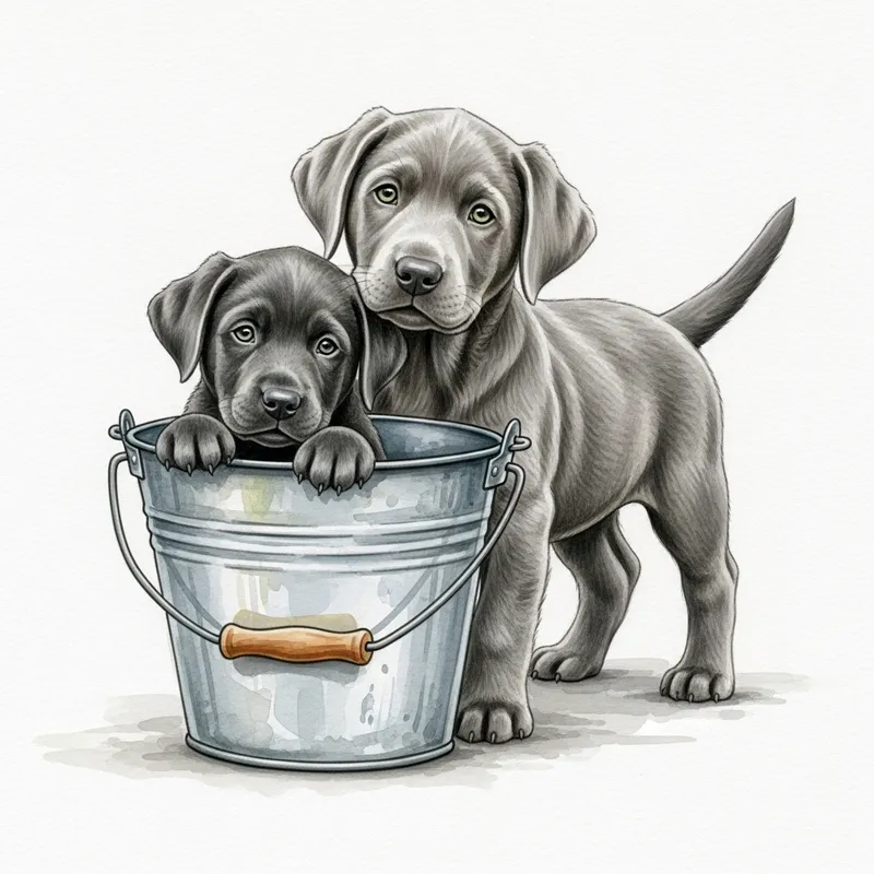 Charming Silver and Charcoal Labrador Puppies in Watercolor Painting