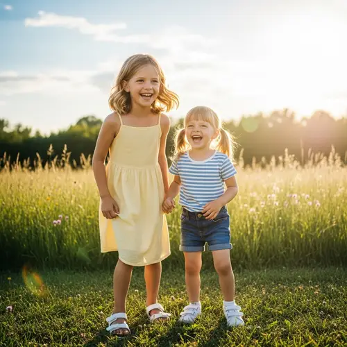 Blonde Caucasian Girls Enjoying Sunny Summer Day Outdoors